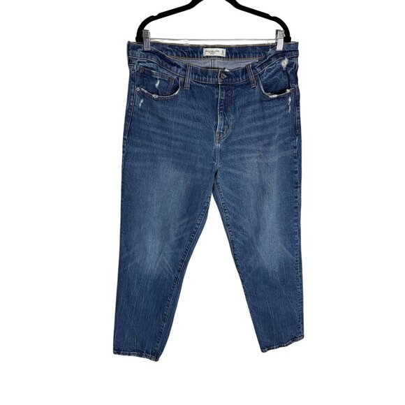 Abercrombie The Boyfriend Mid Rise Dark Wash Jeans Distressed Raw Hem-sz 33 - Picture 5 of 10